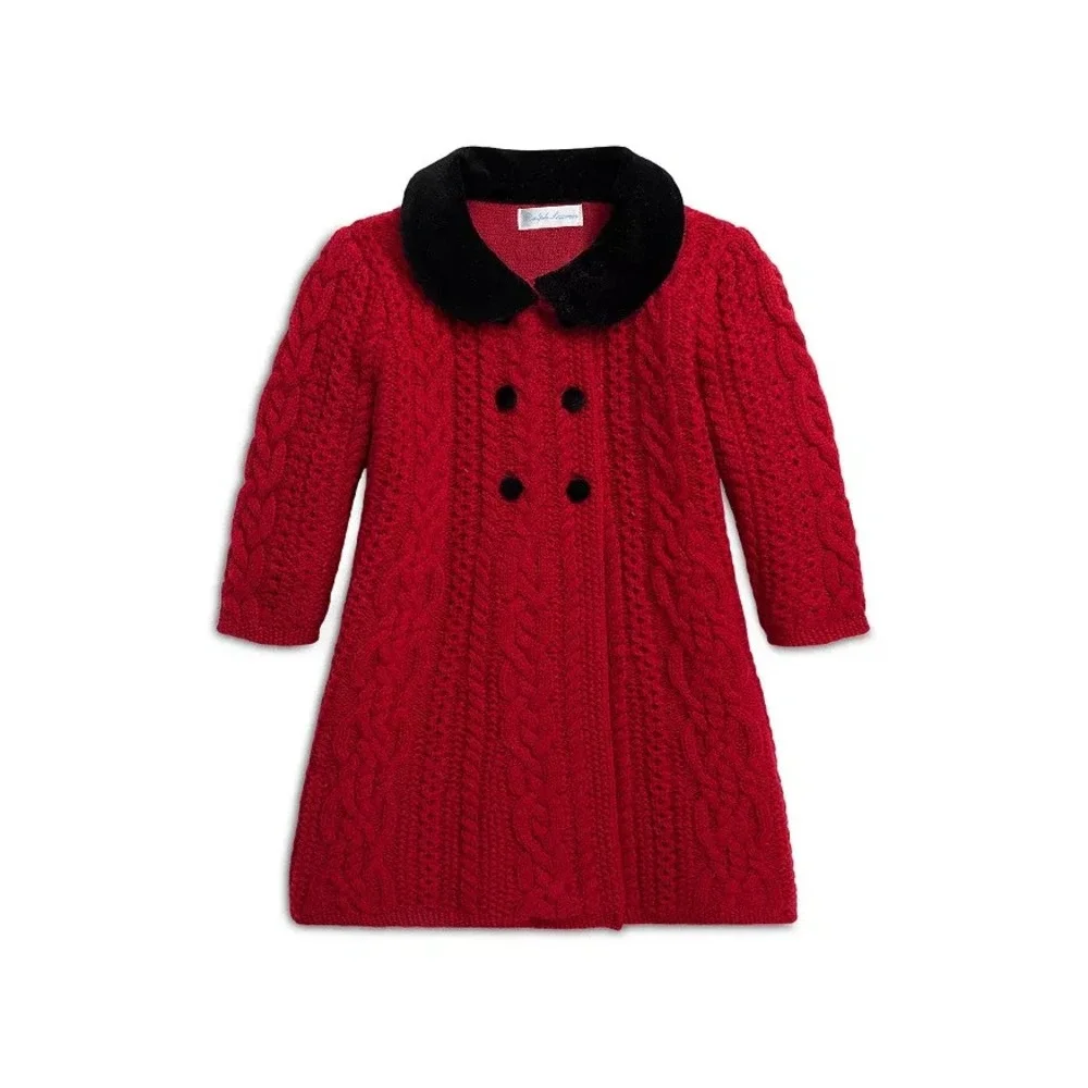 Ralph Lauren Baby Girls Aran-Knit Wool Sweater Coat Red Size 3 M / 6 M NEW $325
